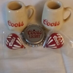 Coors Mini Mugs, Coors Light Bottle Cap Pin & Coors Collectible Pin Set